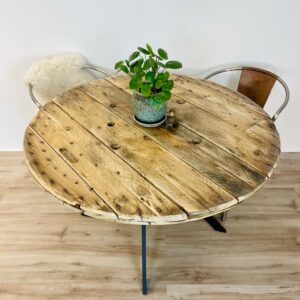 Rundt Spisebord af Kabeltromle | Twin-Base | Ø160-165 / Brændt og Lakeret