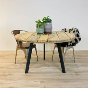 Rundt Spisebord af Kabeltromle | Sort Stålstel | Ø140 / Lakeret