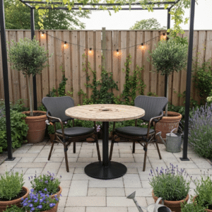 Cafébord af Kabeltromle på Centerstel | Ø95-100 / Brændt og Lakeret