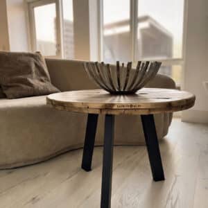 Sofabord af Kabeltromle | Sort stålstel | Ø60 / Brændt og Lakeret