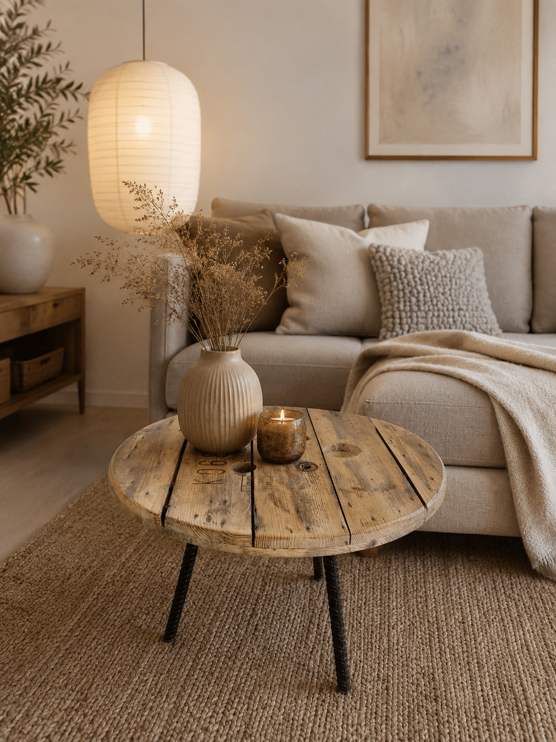 Sofabord af Kabeltromle | Armeringsjernben | Ø120-125 / Lakeret / 50 cm